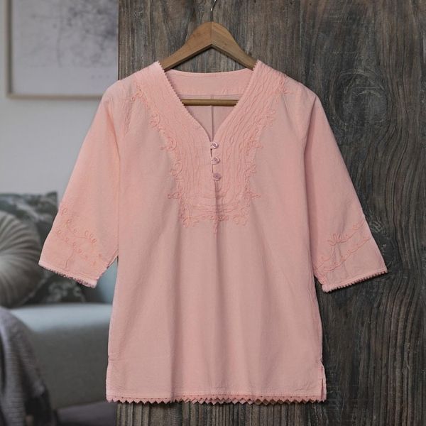 Alternate image for Pale Melon Orange Embroidered Cotton Tunic Top from Peru Sunset in Lima
