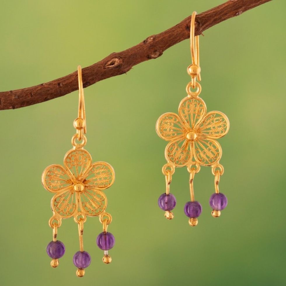 Gold-Plated Filigree Dangle Earrings with Amethyst Beads 'Purple Rosette'