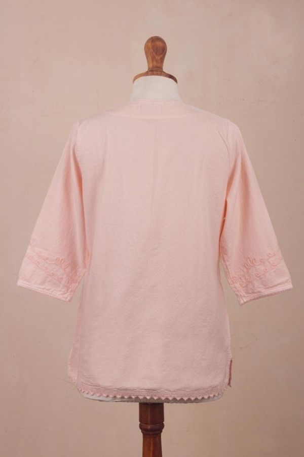Alternate image for Pale Melon Orange Embroidered Cotton Tunic Top from Peru Sunset in Lima