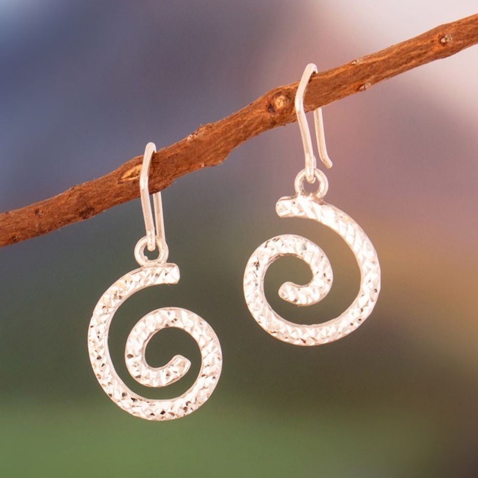 Modern Textured Sterling Silver Spiral Dangle Earrings 'Whirlwind Glam'