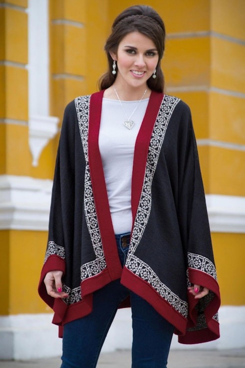 Genuine Alpaca Kimono-style Cape in Black and Red from Peru 'Baroque Andes'