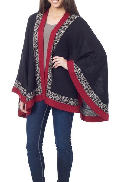 Alternate image for Genuine Alpaca Kimono-style Cape in Black and Red from Peru Baroque Andes