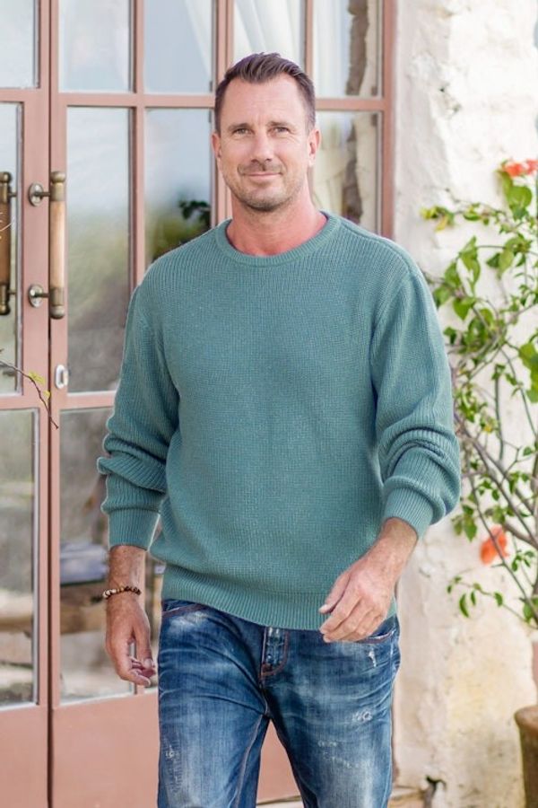 Alternate image for Recycled Fiber  Baby Alpaca Mens Pullover in Light Azure Robins Egg
