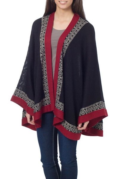 Alternate image for Genuine Alpaca Kimono-style Cape in Black and Red from Peru Baroque Andes