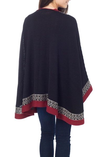 Alternate image for Genuine Alpaca Kimono-style Cape in Black and Red from Peru Baroque Andes