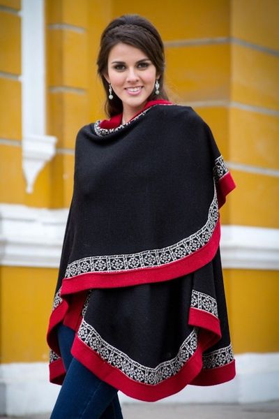 Alternate image for Genuine Alpaca Kimono-style Cape in Black and Red from Peru Baroque Andes