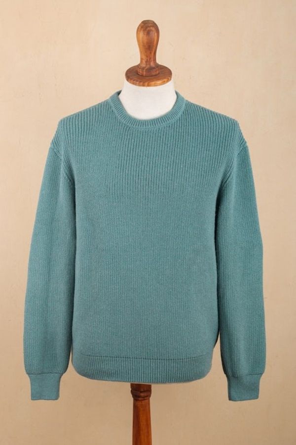 Alternate image for Recycled Fiber  Baby Alpaca Mens Pullover in Light Azure Robins Egg