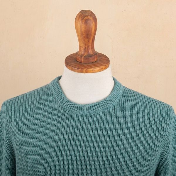 Alternate image for Recycled Fiber  Baby Alpaca Mens Pullover in Light Azure Robins Egg