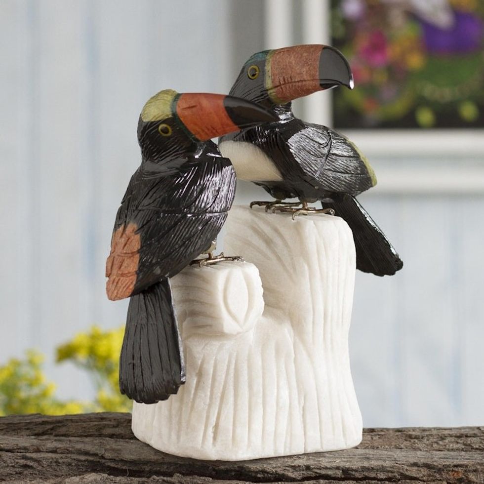 Handcrafted Gemstone Birds Sculpture 'Toucan Two'