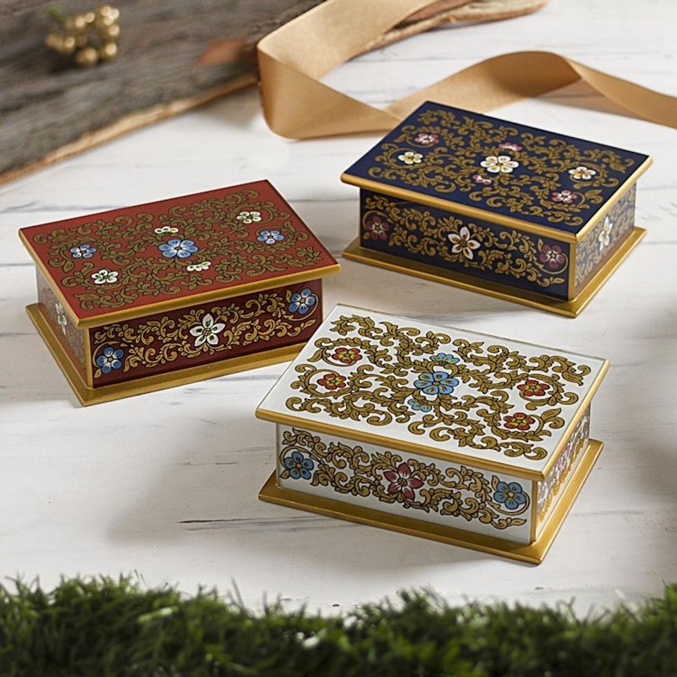Reverse Painted Glass Decorative Boxes Set of 3 'Red White and Blue'