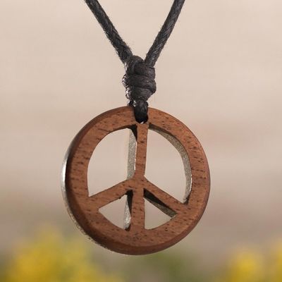 Alternate image for Wood Peace Sign Pendant with Black Cotton Cord Peruvian Peace