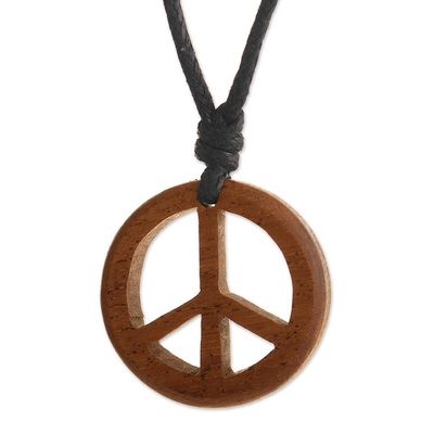 Alternate image for Wood Peace Sign Pendant with Black Cotton Cord Peruvian Peace