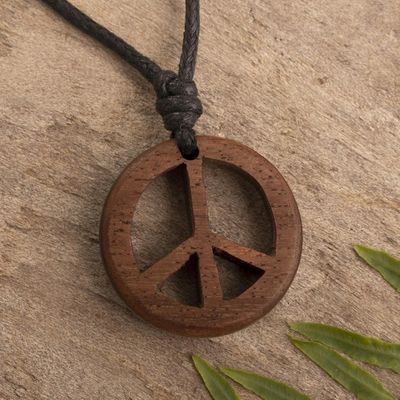 Alternate image for Wood Peace Sign Pendant with Black Cotton Cord Peruvian Peace