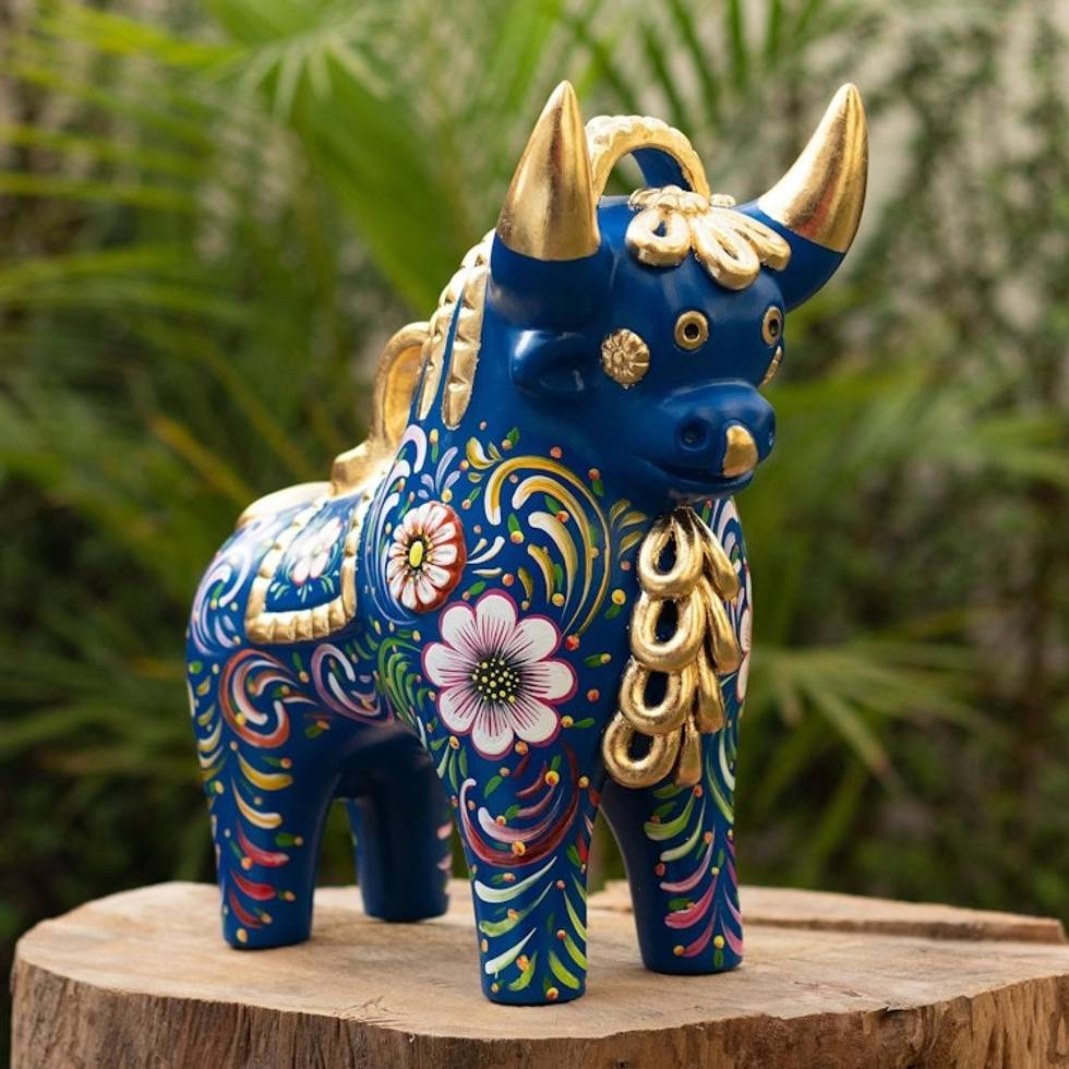 Handmade Ceramic Bull Sculpture 'Big Pucar Bull in Blue'