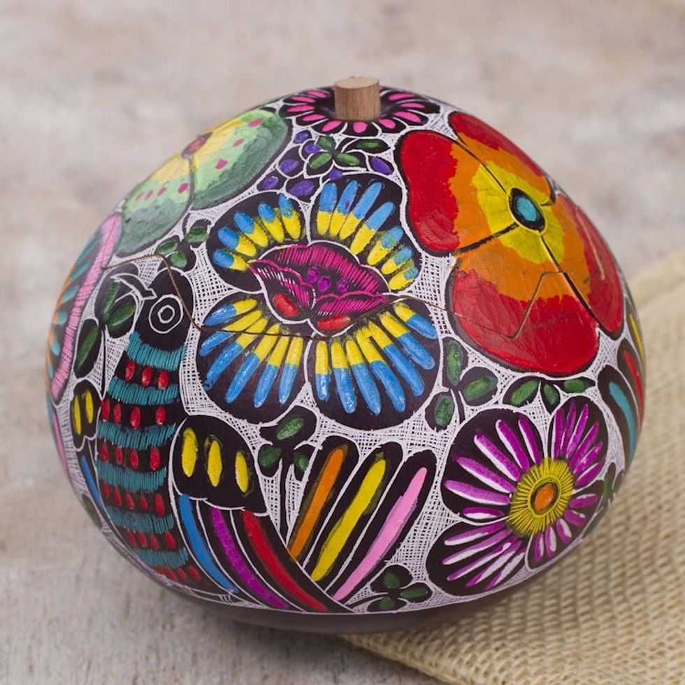 Hand-Painted Birds and Flowers Gourd Decorative Box 'Dawn's Song'