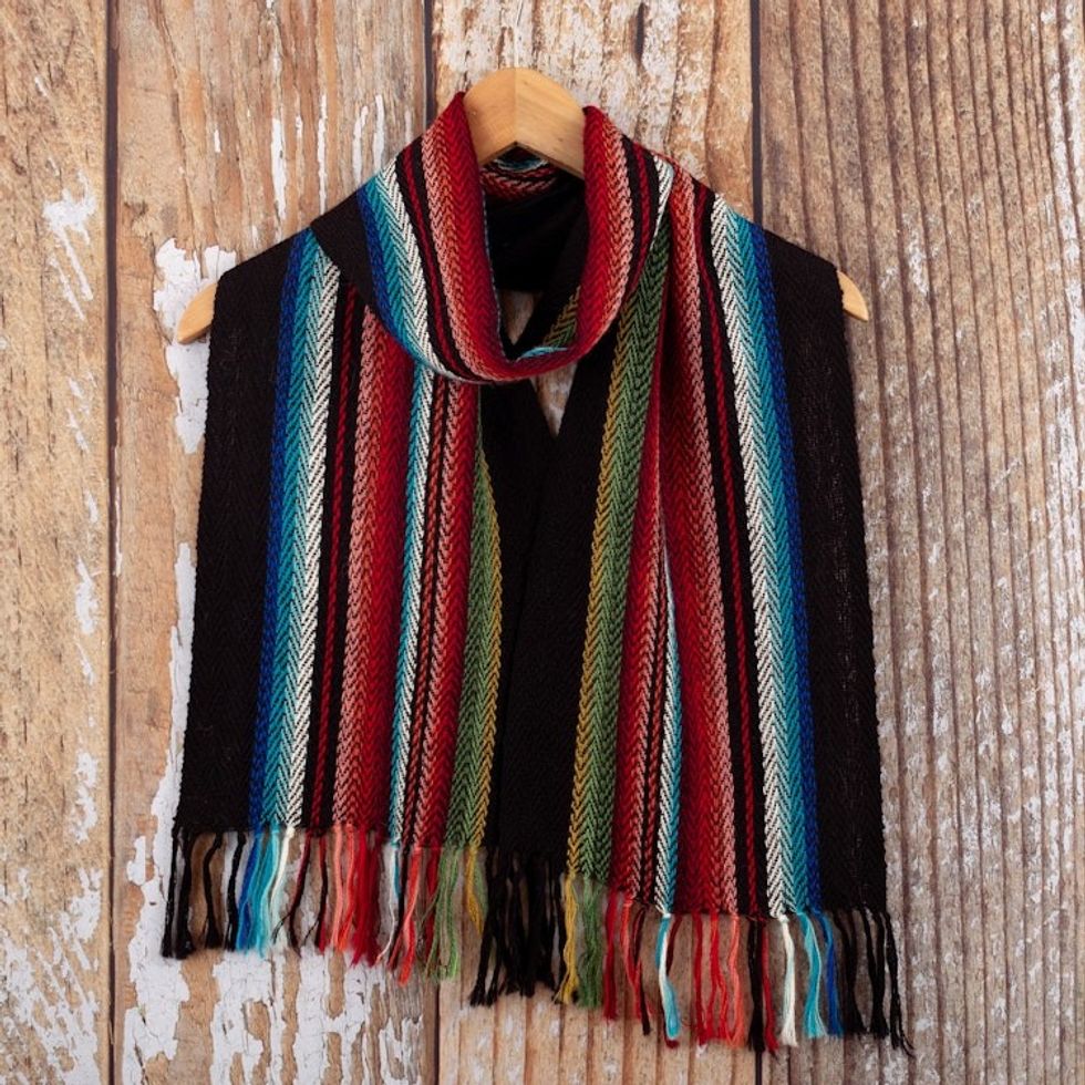 100 Alpaca Fringed Scarf with Stripes Hand-Woven in Peru 'Family'
