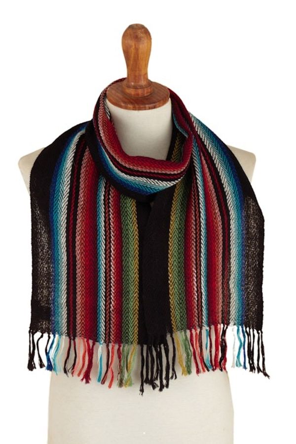 Alternate image for 100 Alpaca Fringed Scarf with Stripes Hand-Woven in Peru Family
