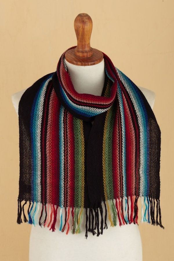 Alternate image for 100 Alpaca Fringed Scarf with Stripes Hand-Woven in Peru Family