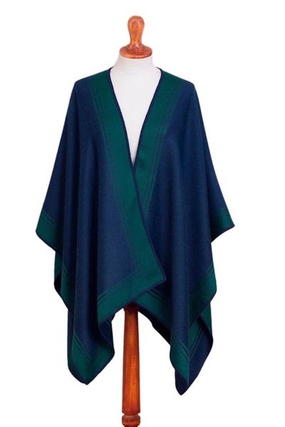 Alternate image for Reversible Alpaca Blend Ruana in Navy and Kelly Green Delightful Fantasy in Navy