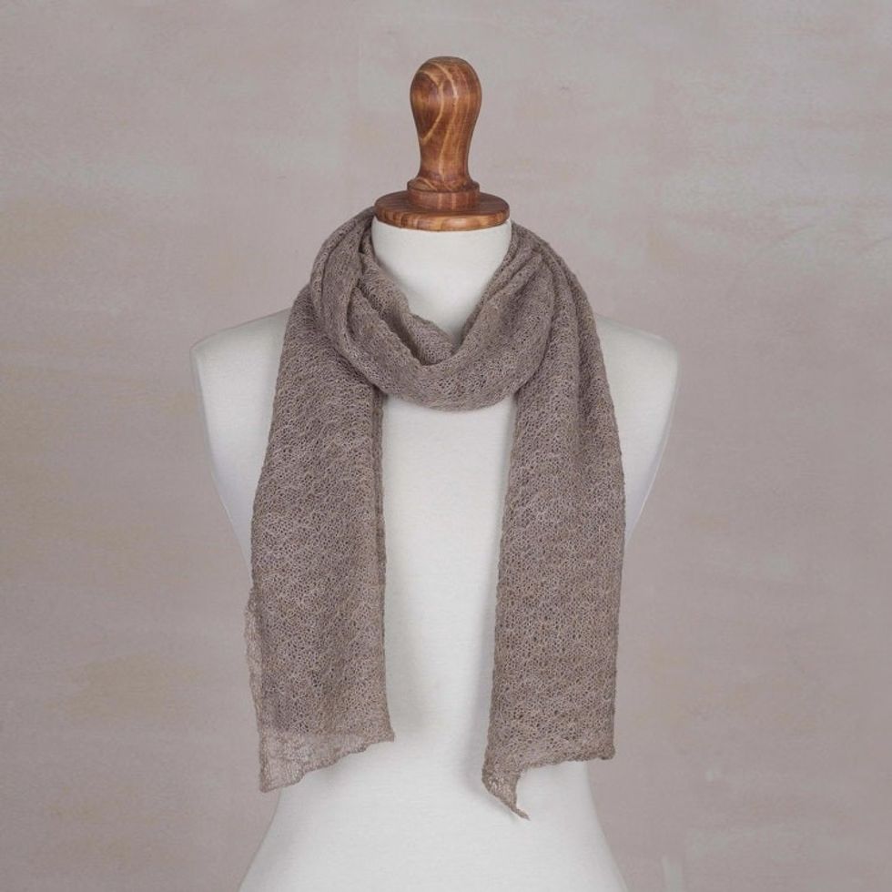 Textured 100 Baby Alpaca Wrap Scarf in Taupe from Peru 'Taupe Gossamer'