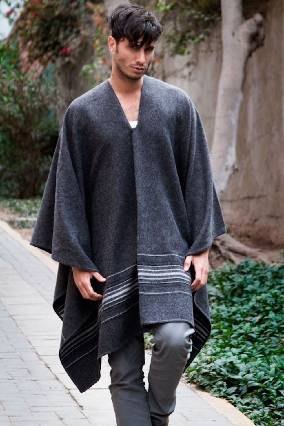 Warm Men's Alpaca Blend Poncho with V-neck from Peru 'Gray Nazca'