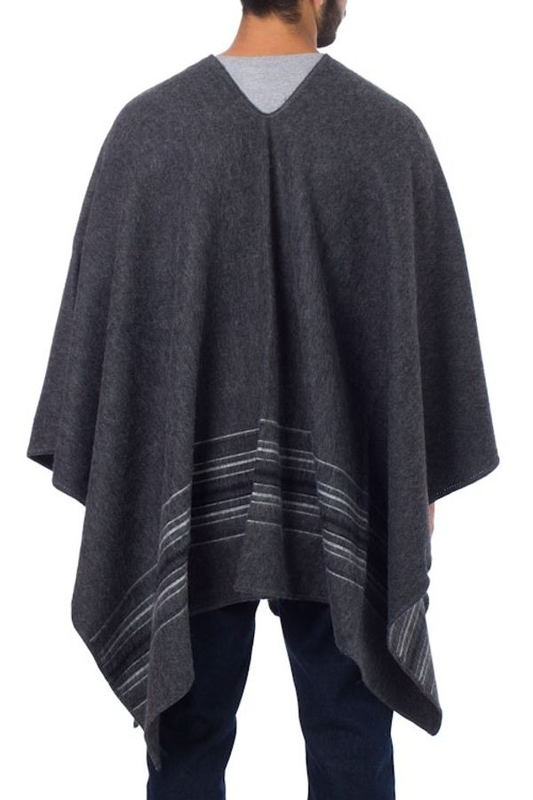 Alternate image for Warm Mens Alpaca Blend Poncho with V-neck from Peru Gray Nazca