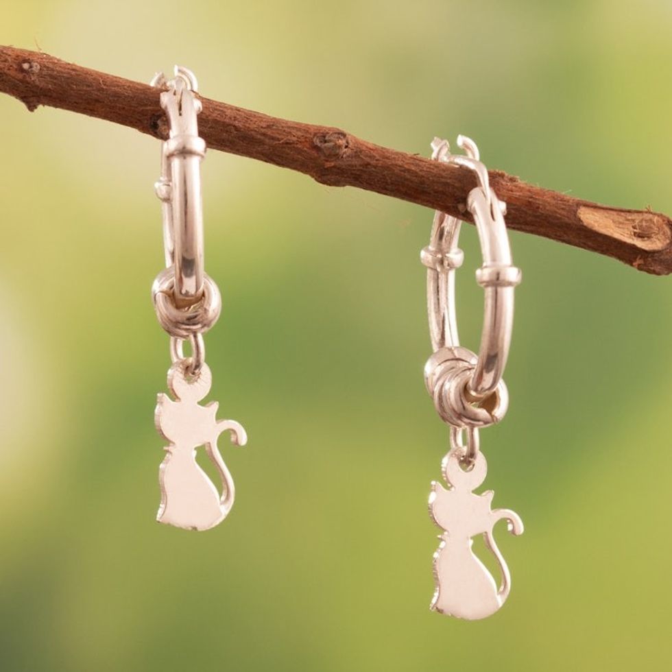 Polished Sterling Silver Hoop Earrings with Cat Motif 'Little Kitten'
