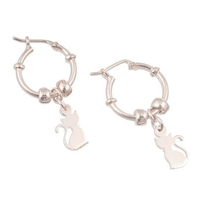 Alternate image for Polished Sterling Silver Hoop Earrings with Cat Motif Little Kitten
