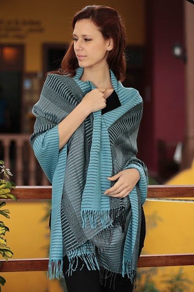 Alternate image for Peruvian Alpaca Wool Patterned Shawl Turquoise Whisper