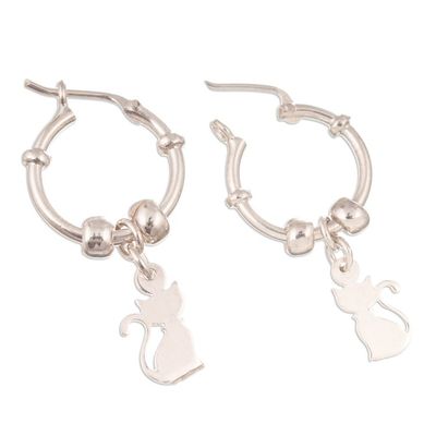 Alternate image for Polished Sterling Silver Hoop Earrings with Cat Motif Little Kitten