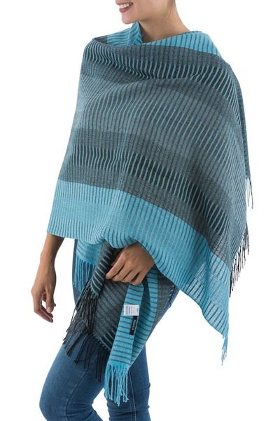 Alternate image for Peruvian Alpaca Wool Patterned Shawl Turquoise Whisper