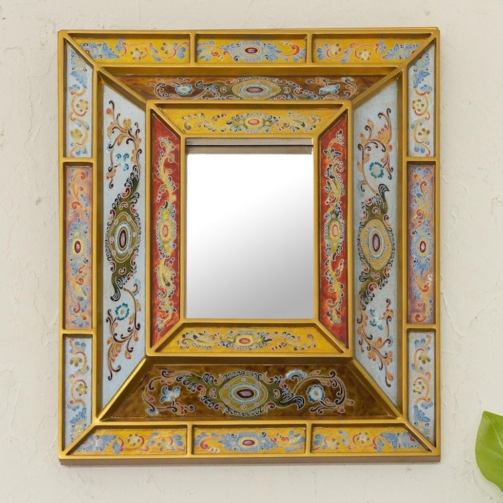 Reverse Painted Glass Mirror with Floral Motifs from Peru 'Florid Wonder'