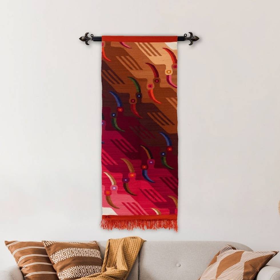 Modern Bird-Themed Brown and Pink Wool Blend Tapestry 'United Toucans'