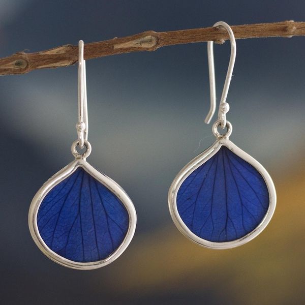 Alternate image for Andean Handmade Sterling Silver Blue Leaf Earrings Blue Leaf Drops