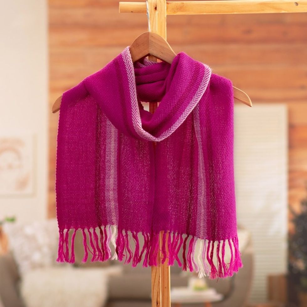 Striped Fringed Fuchsia Scarf Hand-Woven from 100 Alpaca 'Freesia'
