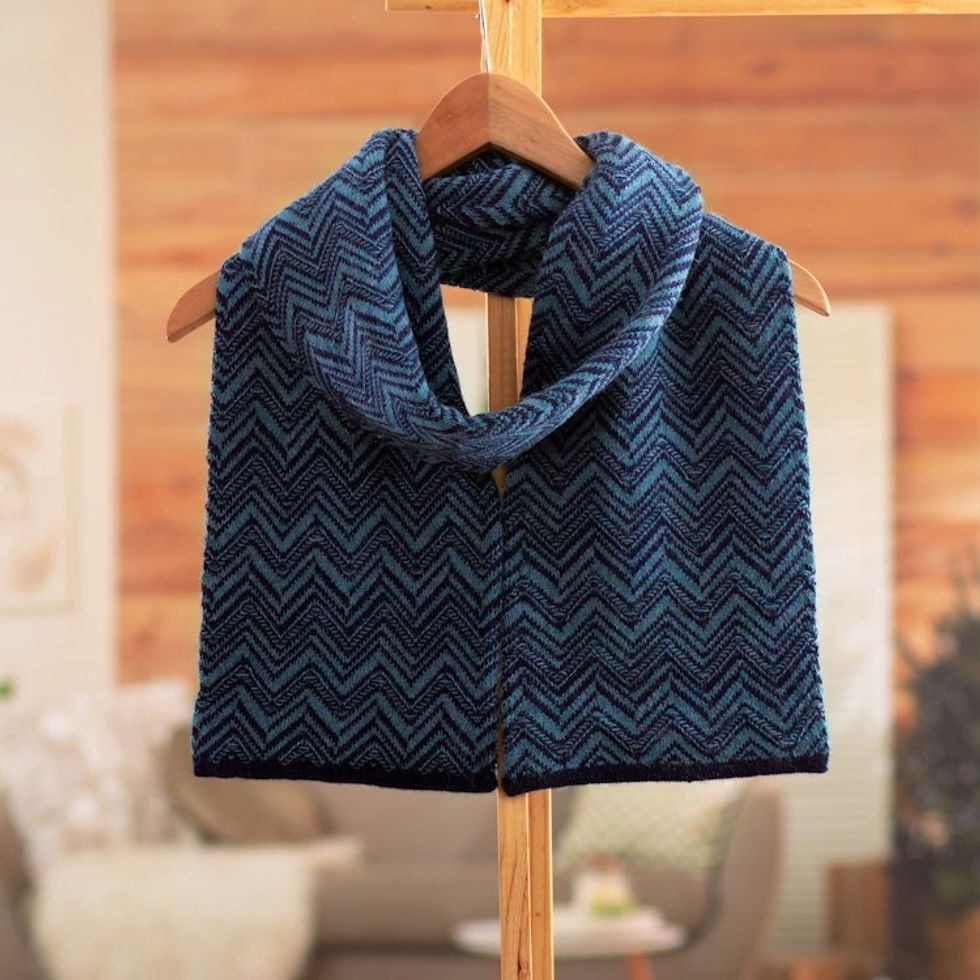 100 Alpaca Knit Scarf with Inverted Chevron Pattern in Blue 'Mountain Range'