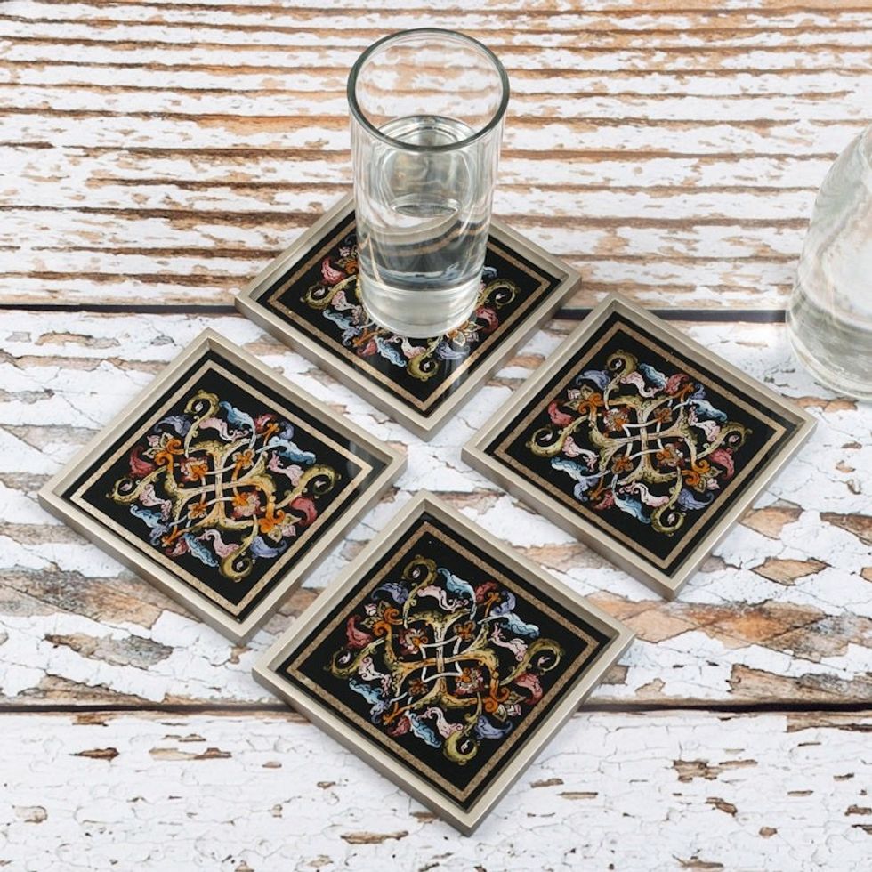 Artisan Hand-Painted Glass Coasters Set of 4 'Silver Elegance'