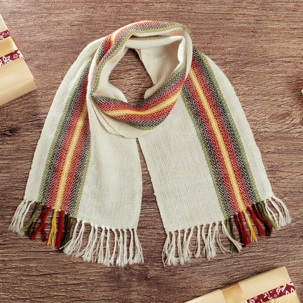 Hand-Woven 100 Alpaca Scarf in Ivory with Colorful Stripes 'Andean Glamor'