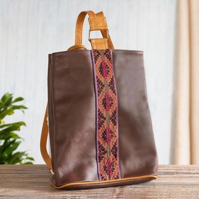 Alternate image for Leather Backpack With Hand-woven Wool Detail From Peru Cusco Calle