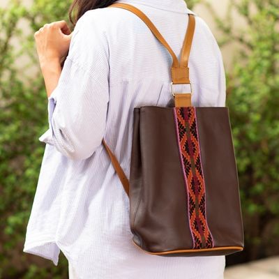 Alternate image for Leather Backpack With Hand-woven Wool Detail From Peru Cusco Calle
