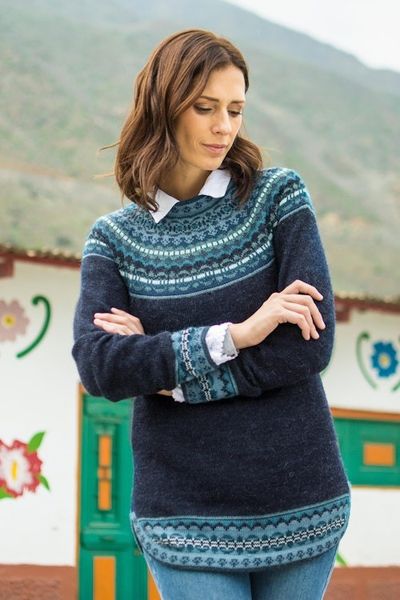 Alternate image for Navy Blue 100 Alpaca Pullover Patterned Peruvian Sweater Playful Navy Blue