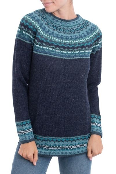 Alternate image for Navy Blue 100 Alpaca Pullover Patterned Peruvian Sweater Playful Navy Blue