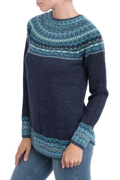 Alternate image for Navy Blue 100 Alpaca Pullover Patterned Peruvian Sweater Playful Navy Blue