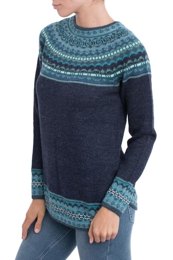 Alternate image for Navy Blue 100 Alpaca Pullover Patterned Peruvian Sweater Playful Navy Blue