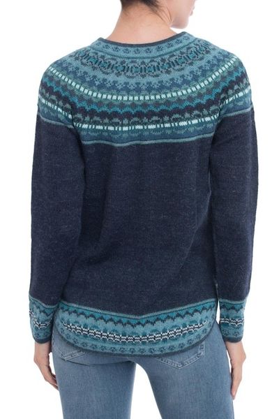 Alternate image for Navy Blue 100 Alpaca Pullover Patterned Peruvian Sweater Playful Navy Blue