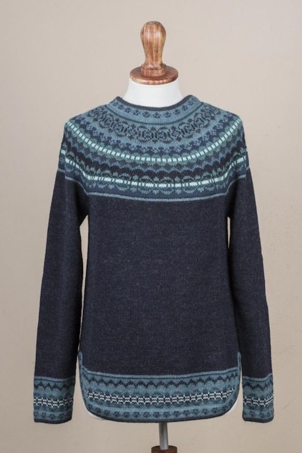 Alternate image for Navy Blue 100 Alpaca Pullover Patterned Peruvian Sweater Playful Navy Blue