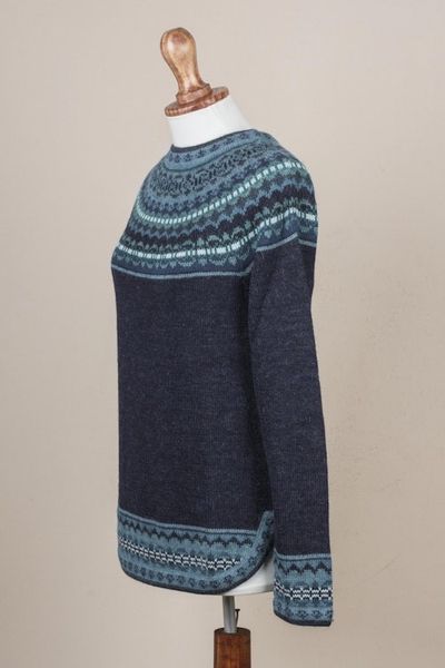 Alternate image for Navy Blue 100 Alpaca Pullover Patterned Peruvian Sweater Playful Navy Blue