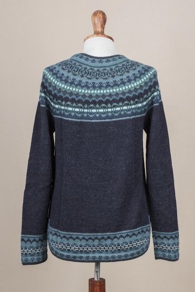 Alternate image for Navy Blue 100 Alpaca Pullover Patterned Peruvian Sweater Playful Navy Blue