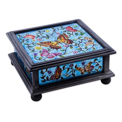 Alternate image for Reverse Painted Glass Blue Decorative Box with Butterflies Blue Winter Butterflies