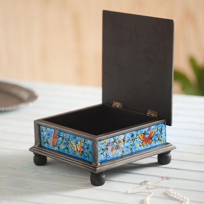 Alternate image for Reverse Painted Glass Blue Decorative Box with Butterflies Blue Winter Butterflies
